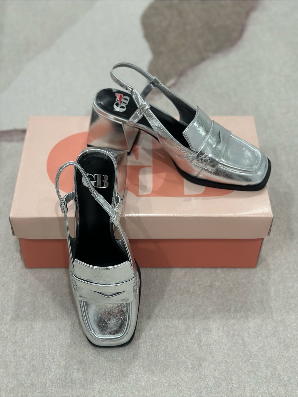 GB Silver Metallic Slingback Block-Heel Mules